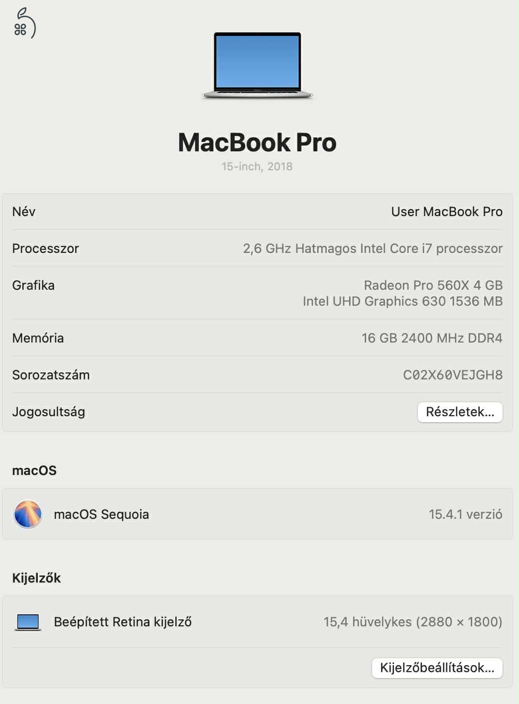 MacBook Pro 15 inch, 2018 - ezüst - KIVÁLÓ állapotban