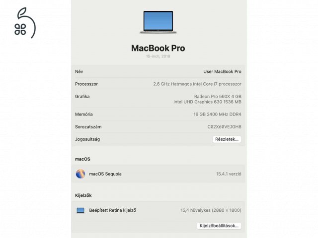 MacBook Pro 15 inch, 2018 - ezüst - KIVÁLÓ állapotban