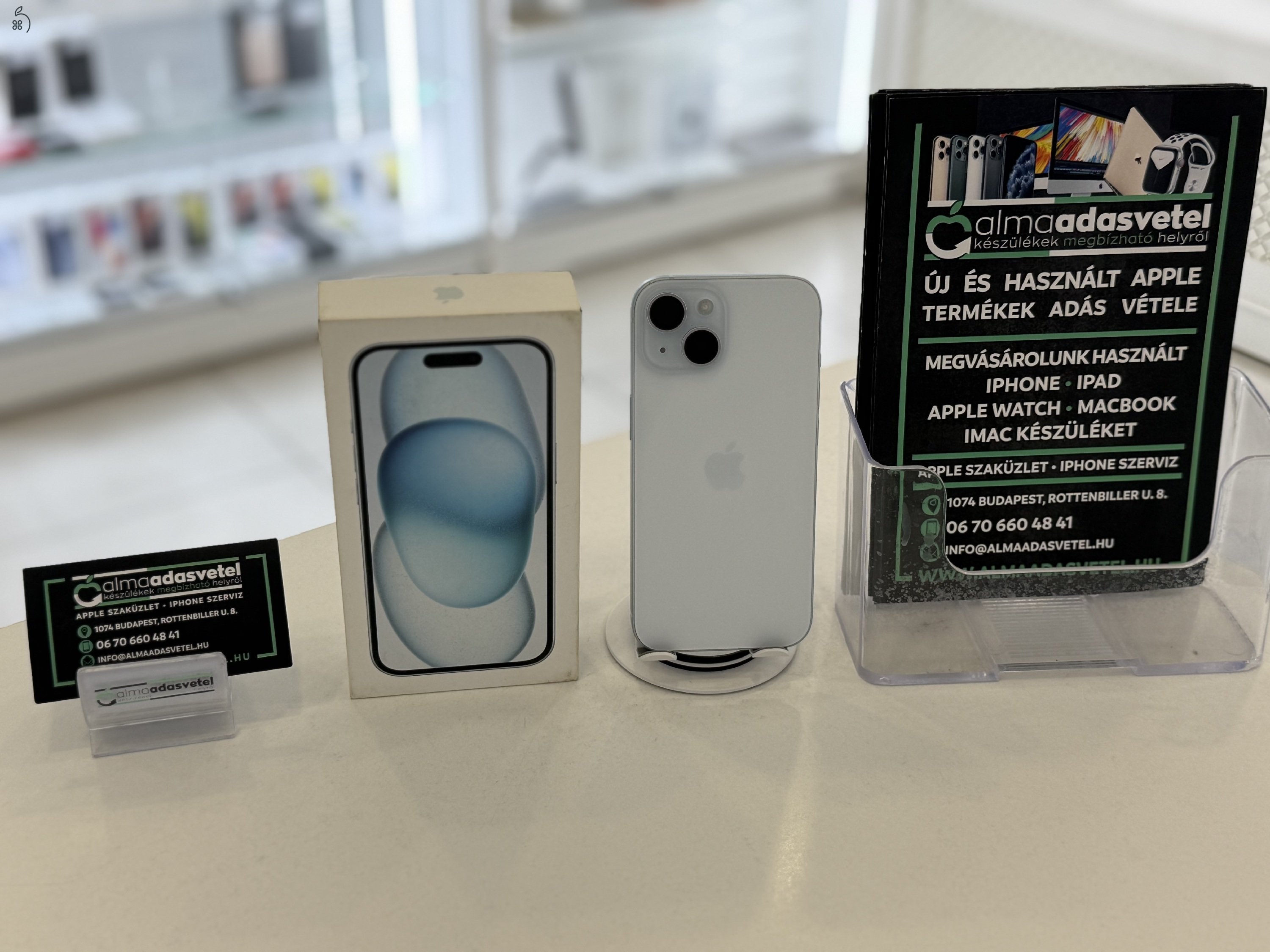 iPhone 15 Kék 256GB Független/2027.03.28.Gar./Akku 98%/p4344