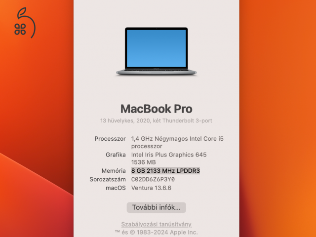 MacBook Pro i5 13” / 8 GB RAM / 512 GB SSD / Touch Bar / Space Grey / HUN billentyűzet / Megkímélt