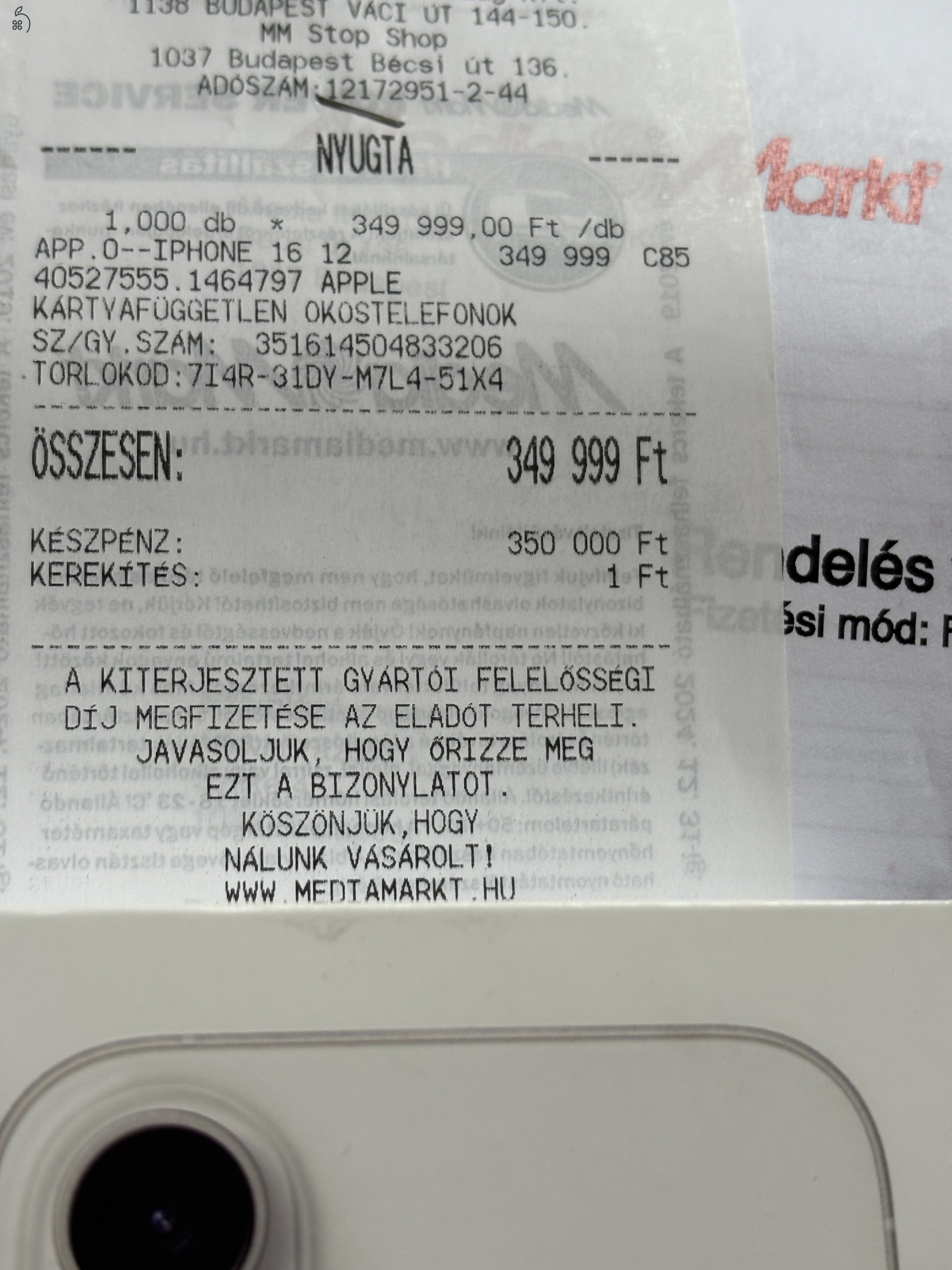 iPhone 16 Fehér 128 gigás Média marktban vásárolt