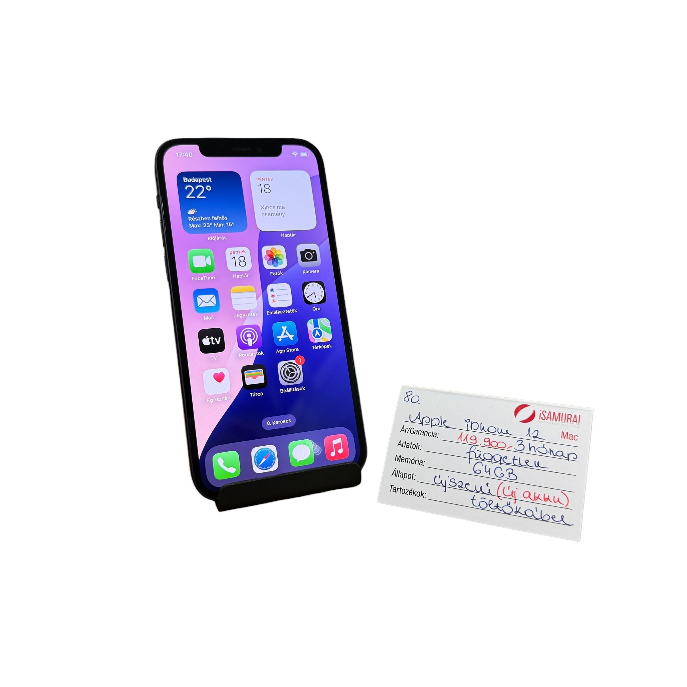80. Apple iPhone 12 - Fekete - 64 GB - ÚJ AKKU