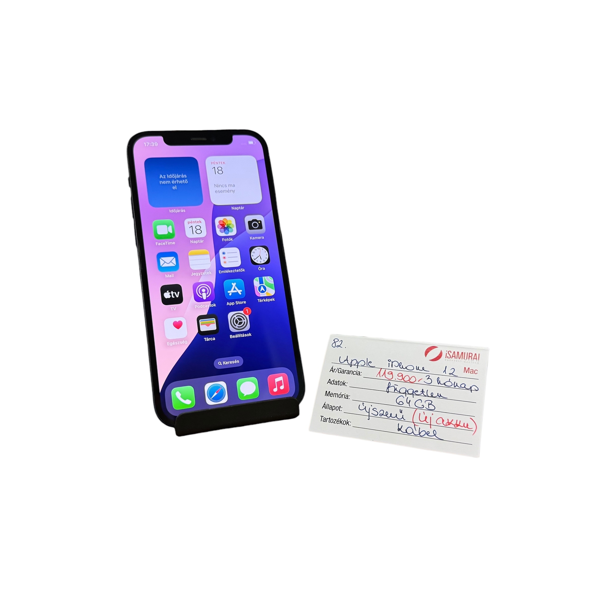 82. Apple iPhone 12 - Fekete - 64 GB - ÚJ AKKU