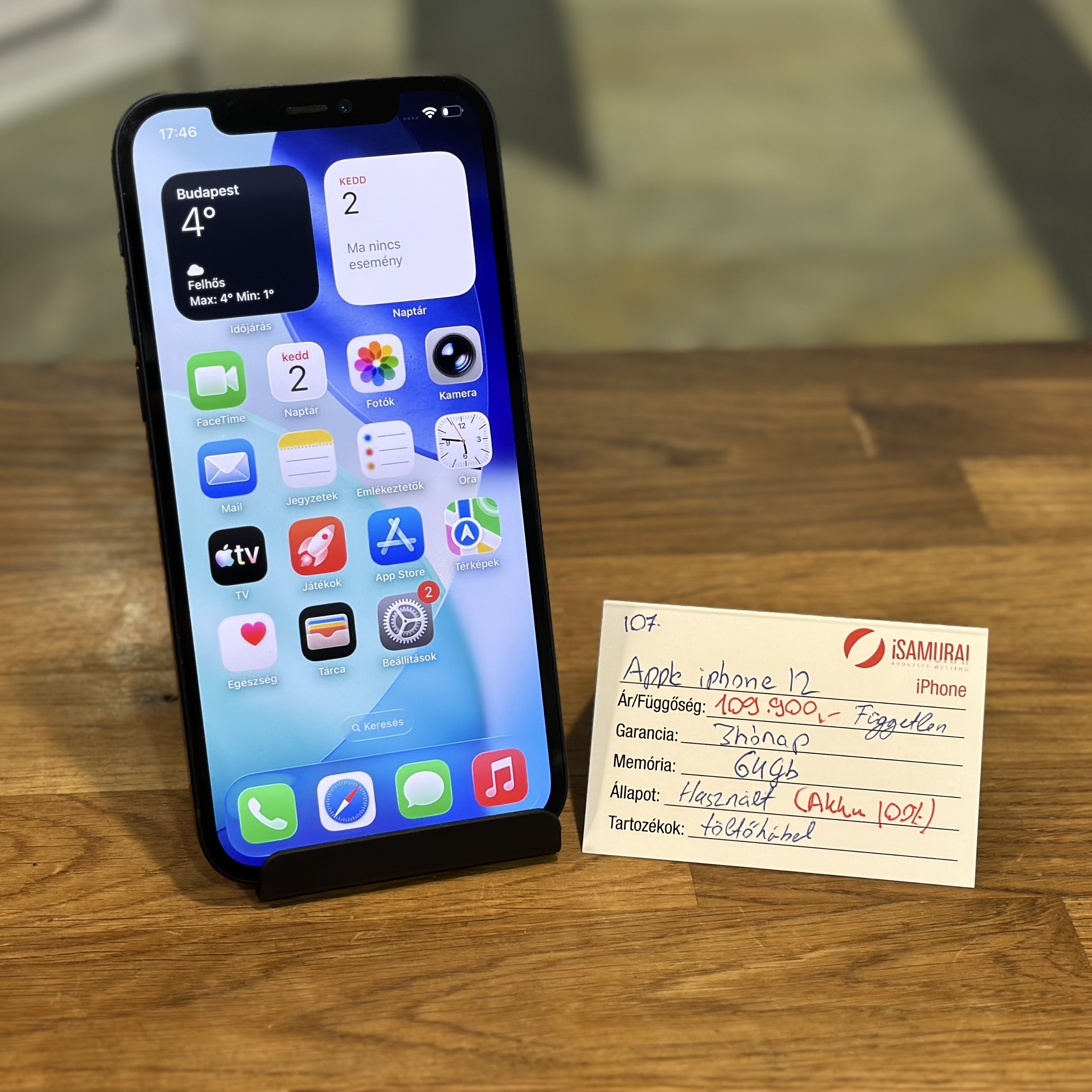 107. Apple iPhone 12 - Fekete - 64 GB - ÚJ AKKU