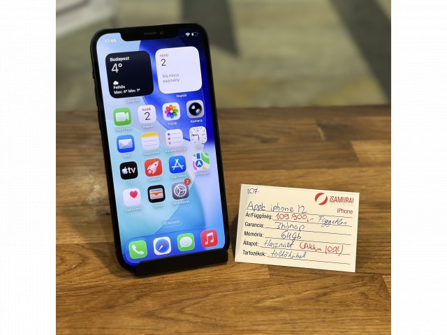 107. Apple iPhone 12 - Fekete - 64 GB - ÚJ AKKU