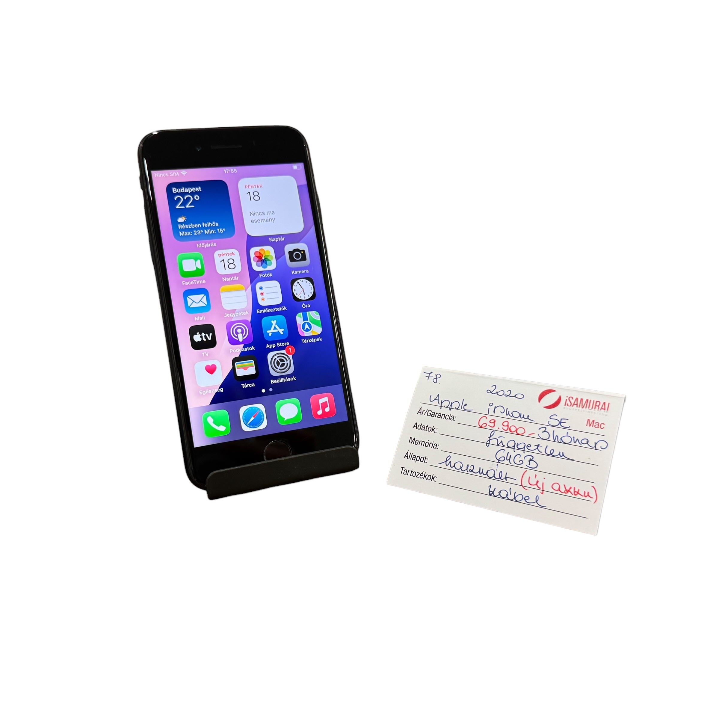78. Apple iPhone SE 2020 - 64 GB - Fekete - ÚJ AKKU