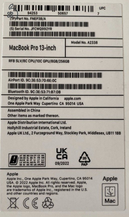 Macbook Pro 13-inch, M2, 2022