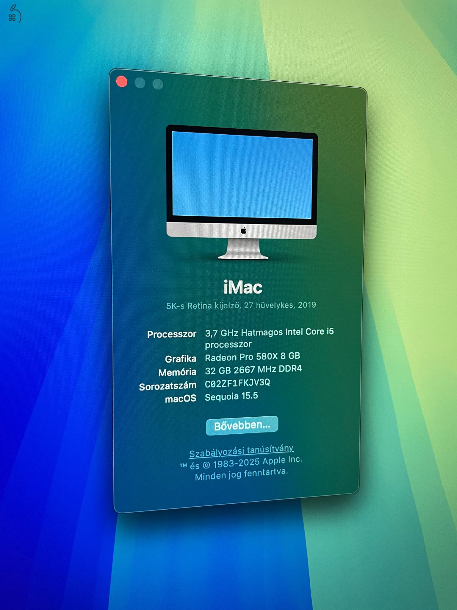 iMac27 5K, 2019, i5 3.7GHz-6 mag, 1TB SSD, 32GB RAM, 8GB video! - dobozában 
