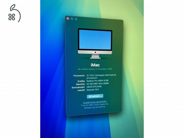 iMac27 5K, 2019, i5 3.7GHz-6 mag, 1TB SSD, 32GB RAM, 8GB video! - dobozában 