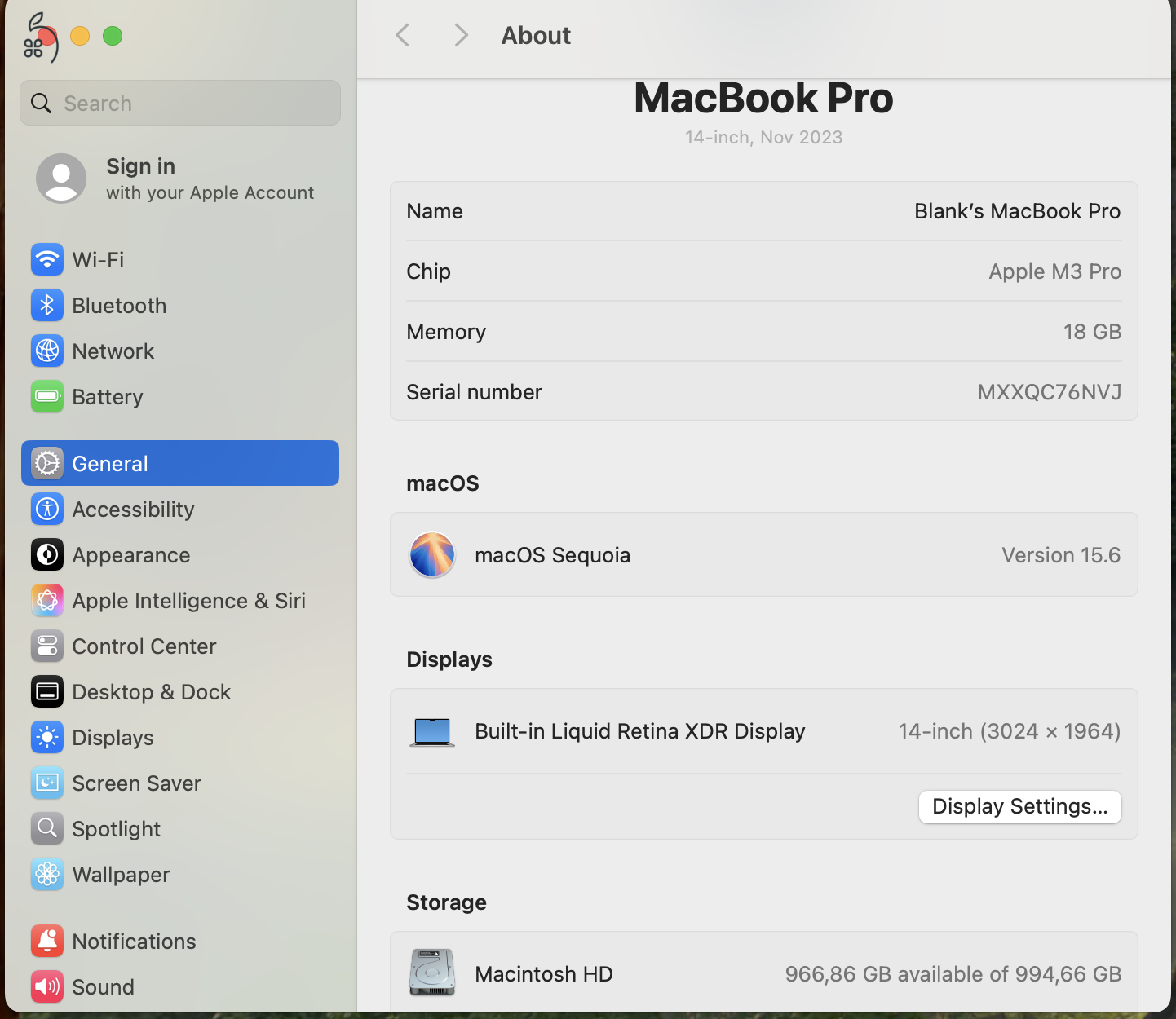 Macbook Pro 14” M3 Pro, 18GB, 1TB SSD