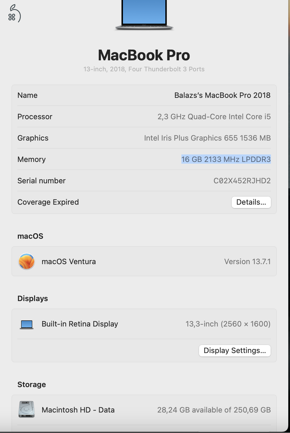 MacBook Pro 13 - Touch bar 2018 Core i5 2.3 Ghz / 16Gb / 256SSD