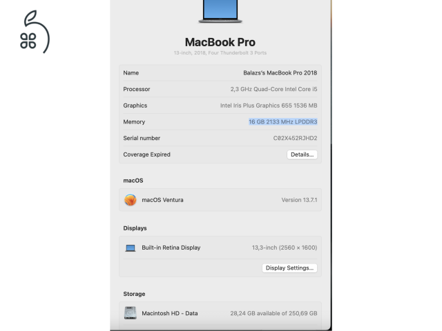 MacBook Pro 13 - Touch bar 2018 Core i5 2.3 Ghz / 16Gb / 256SSD