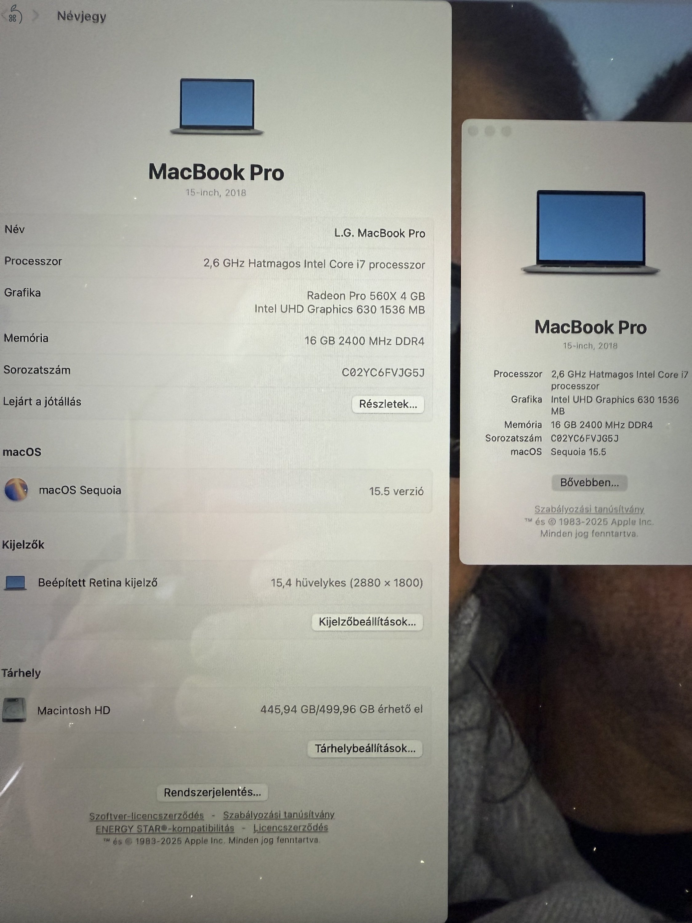 MacBook Pro Retina 15 retina 2,6 GHz Hatmagos 16GB / 512GB SSD i7  Touch Bar