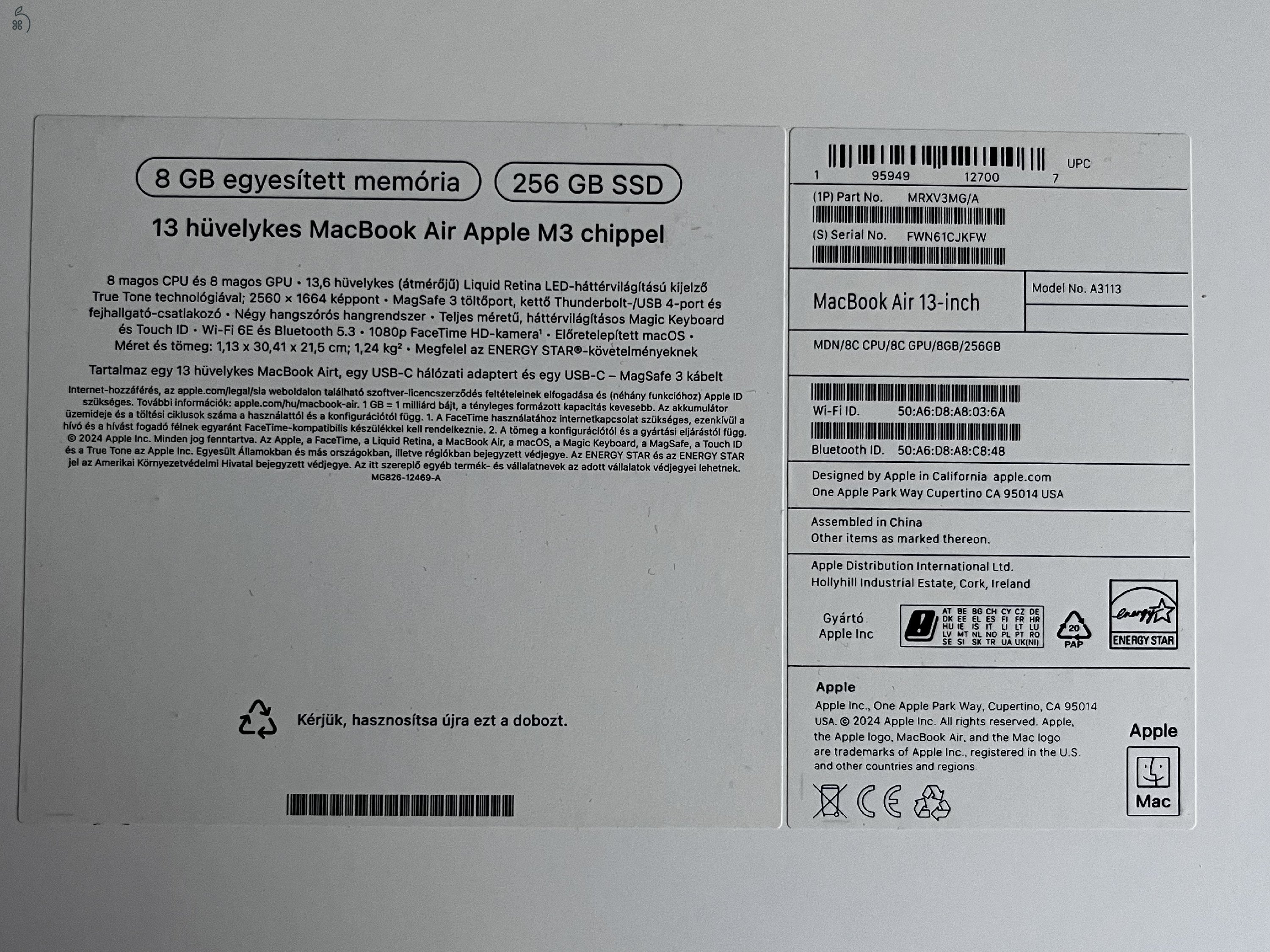 MacBook Air Apple M3 chippel 256 GB SSD/8 GB RAM