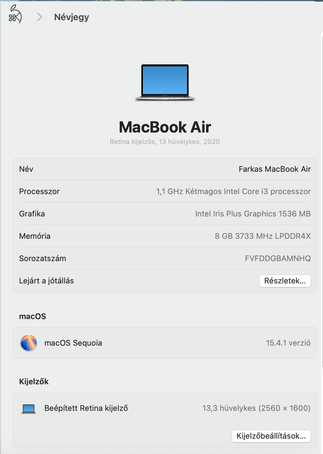 MacBook Air 2020 13” i3 256 GB SSD 8 GB RAM Silver