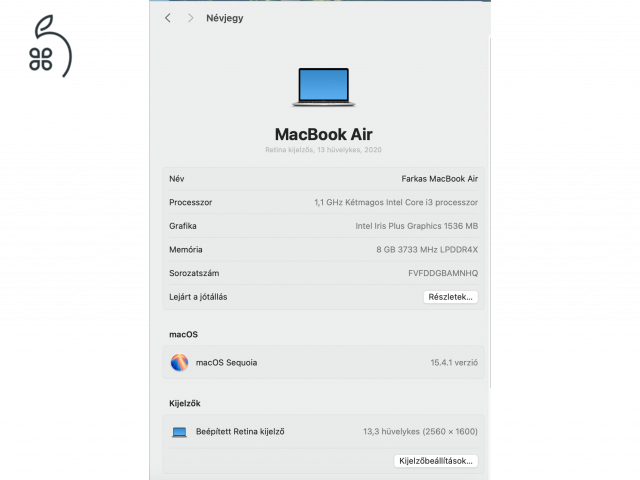 MacBook Air 2020 13” i3 256 GB SSD 8 GB RAM Silver