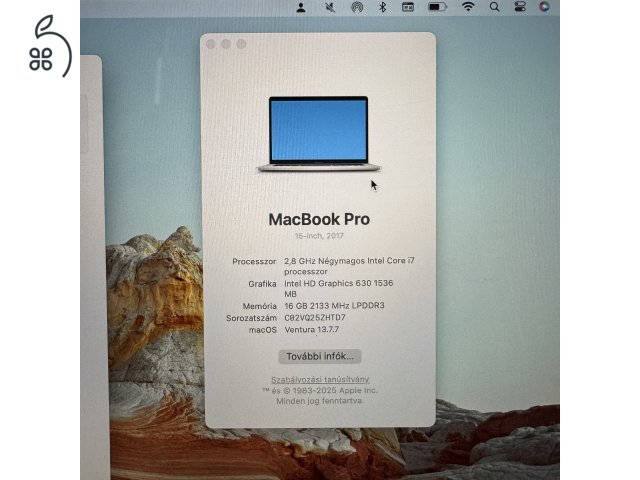 Eladó MacBook Pro 15,”4-inch töltővel, magyar billentyű (2017, Intel Core i7, 16GB RAM, 256GB SSD, Ezüst, Touch Bar + Touch ID)