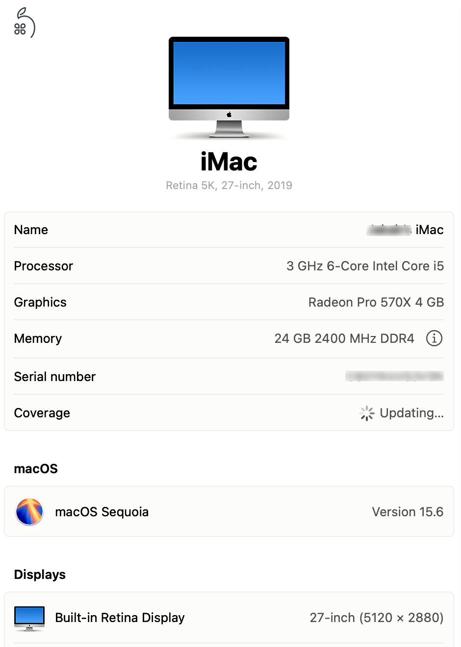 iMac 27 / 2019 / i5 / 24GB / 256GB SSD / 1TB HDD / 5K Radeon Pro 570X 4GB
