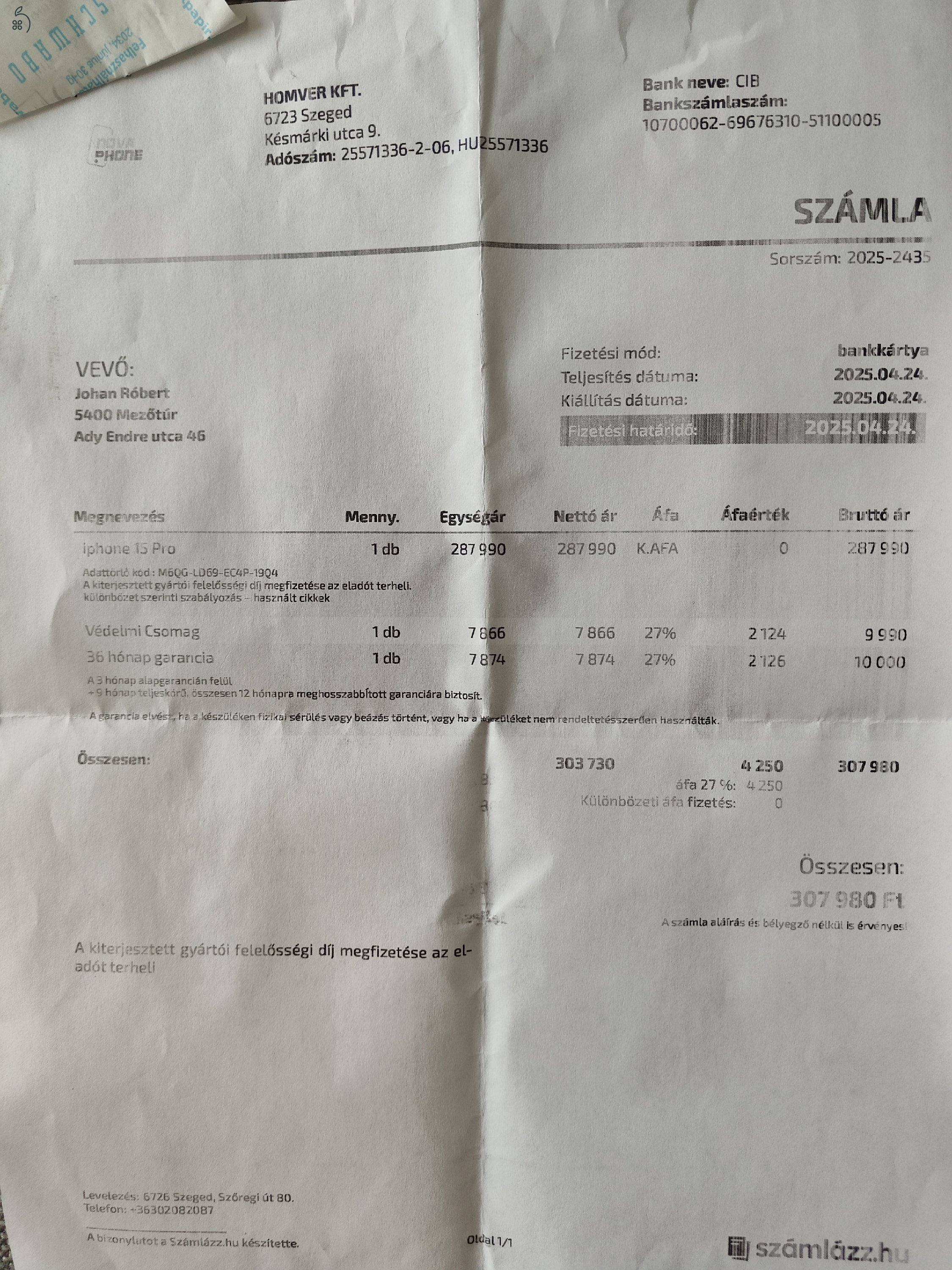 Eladó iPhone 15 PRO kihasználatlanság miatt 