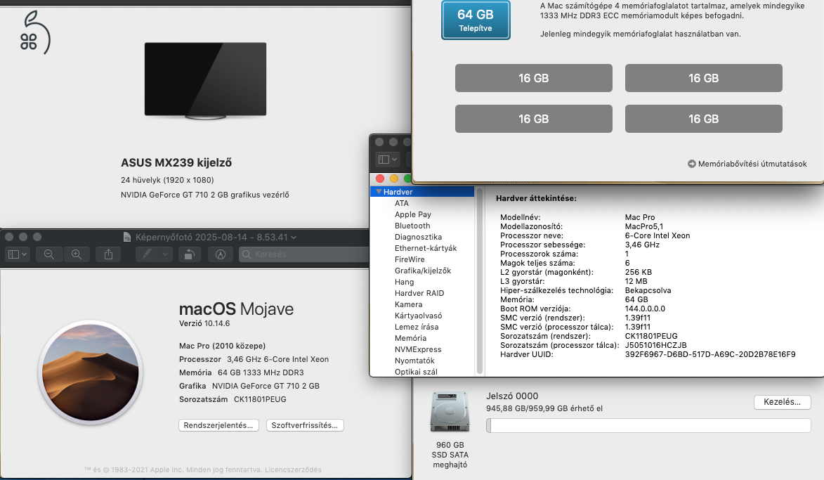 Mac Pro 5.1 / 2010 / 6 mag 3.46 GHz , 64 GB memória , 960 GB SSD , 2 GB GT 710 videokártya.