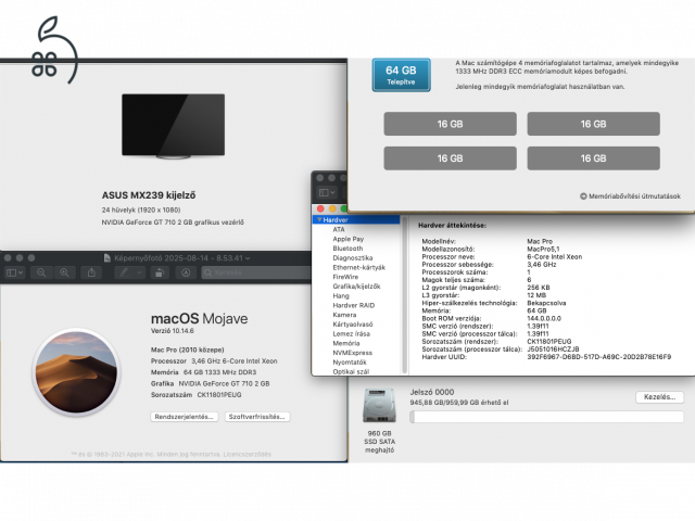 Mac Pro 5.1 / 2010 / 6 mag 3.46 GHz , 64 GB memória , 960 GB SSD , 2 GB GT 710 videokártya.