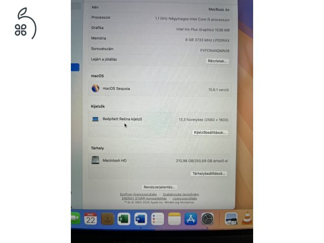 MacBook air 13,3 4 mag, i5, 8gb, 250 Gb, 2020.