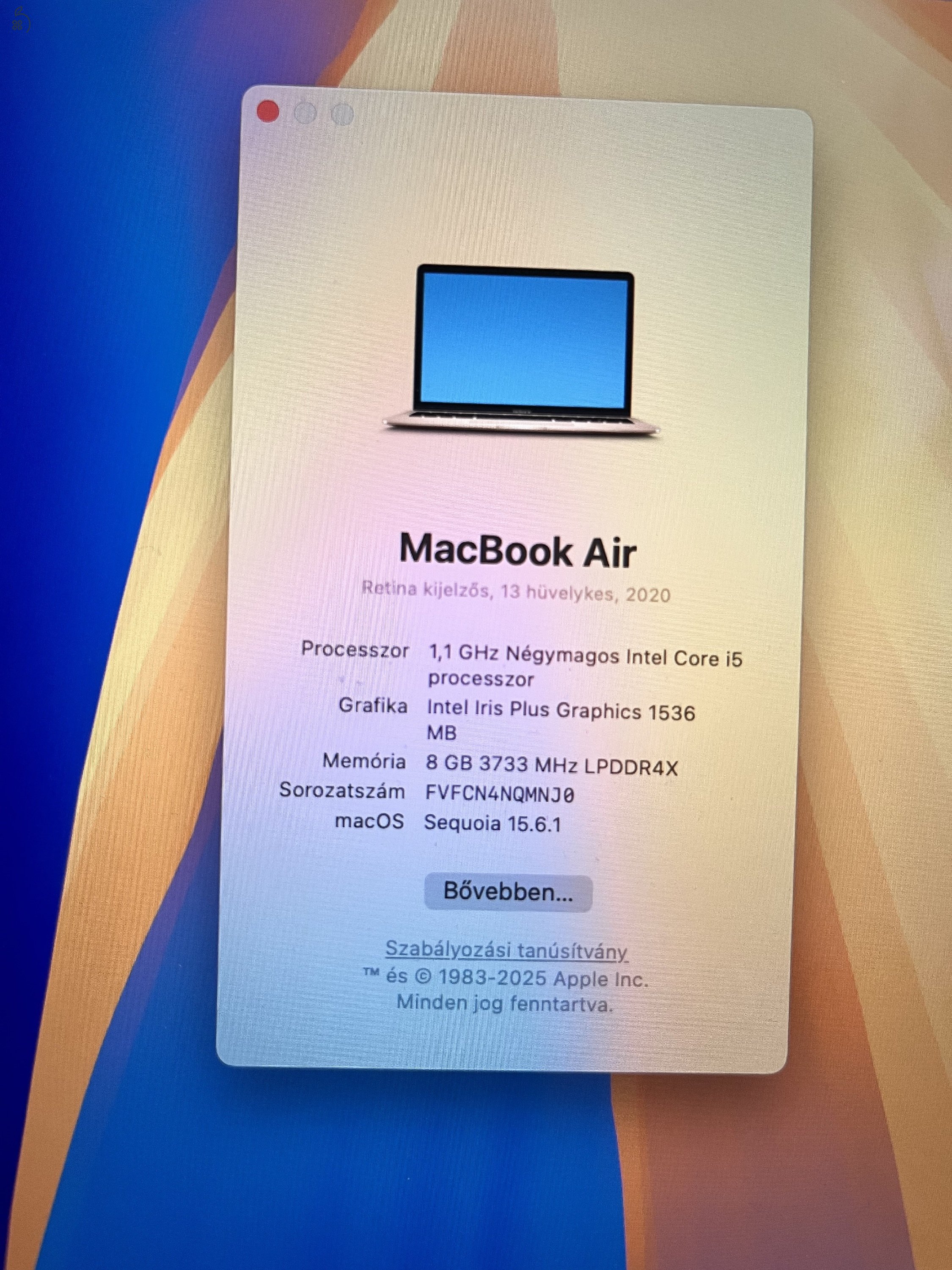 MacBook air 13,3 4 mag, i5, 8gb, 250 Gb, 2020.