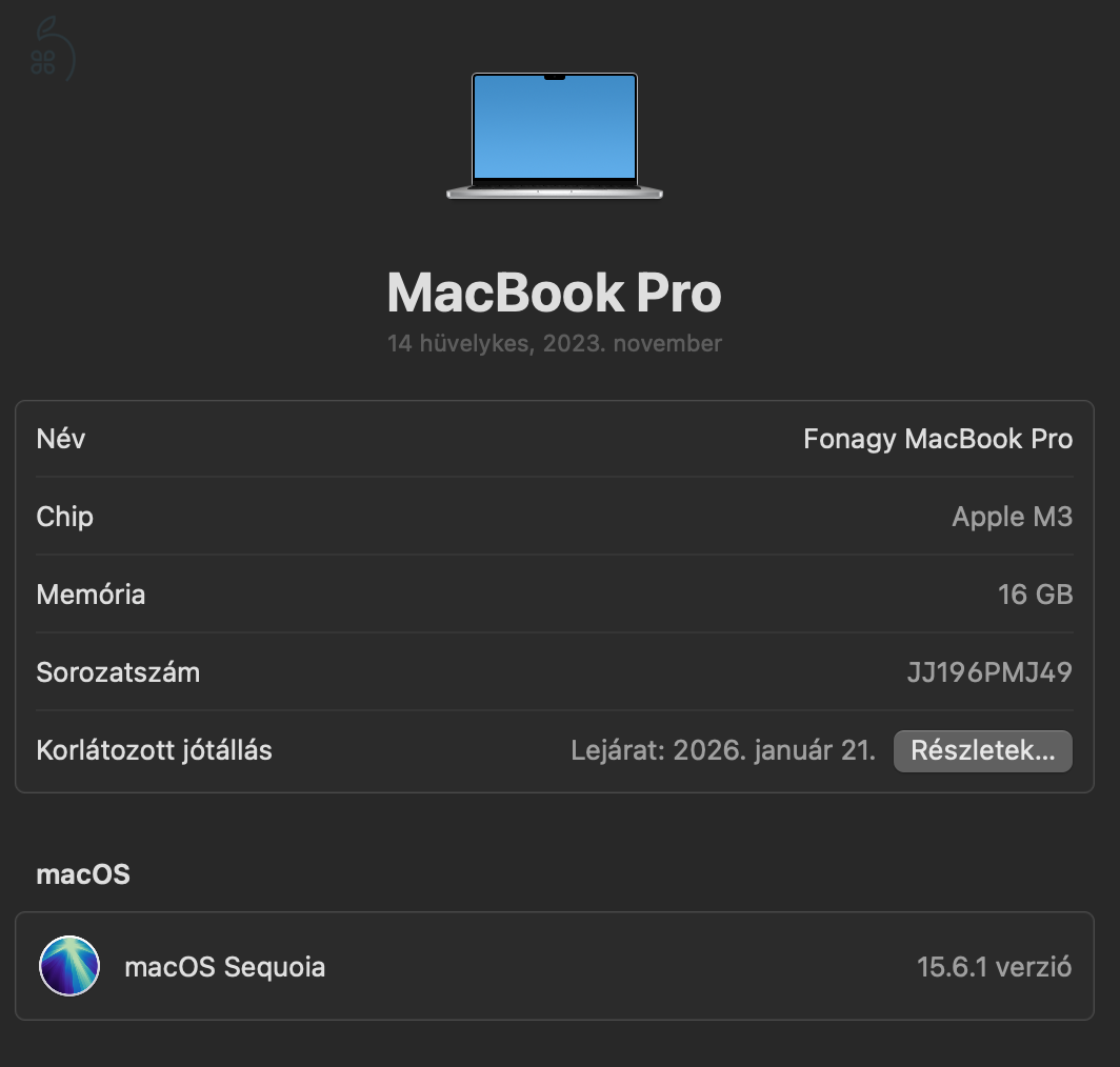 Eladó MacBook Pro M3 – 16GB RAM, 512GB SSD, SILVER, új állapot!
