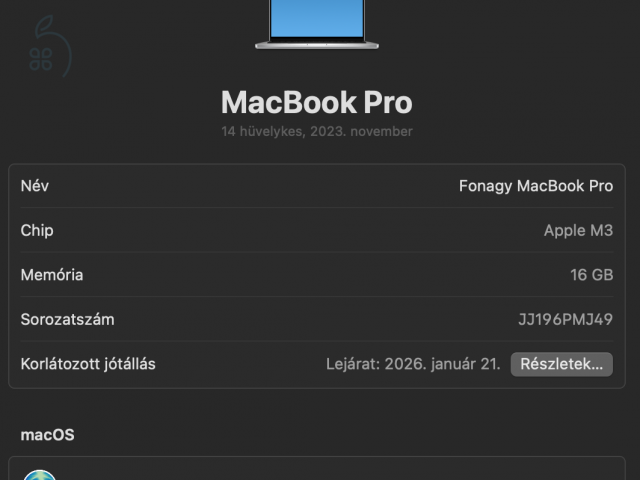 Eladó MacBook Pro M3 – 16GB RAM, 512GB SSD, SILVER, új állapot!