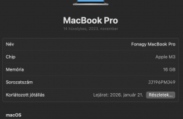 Eladó MacBook Pro M3 – 16GB RAM, 512GB SSD, SILVER, új állapot!