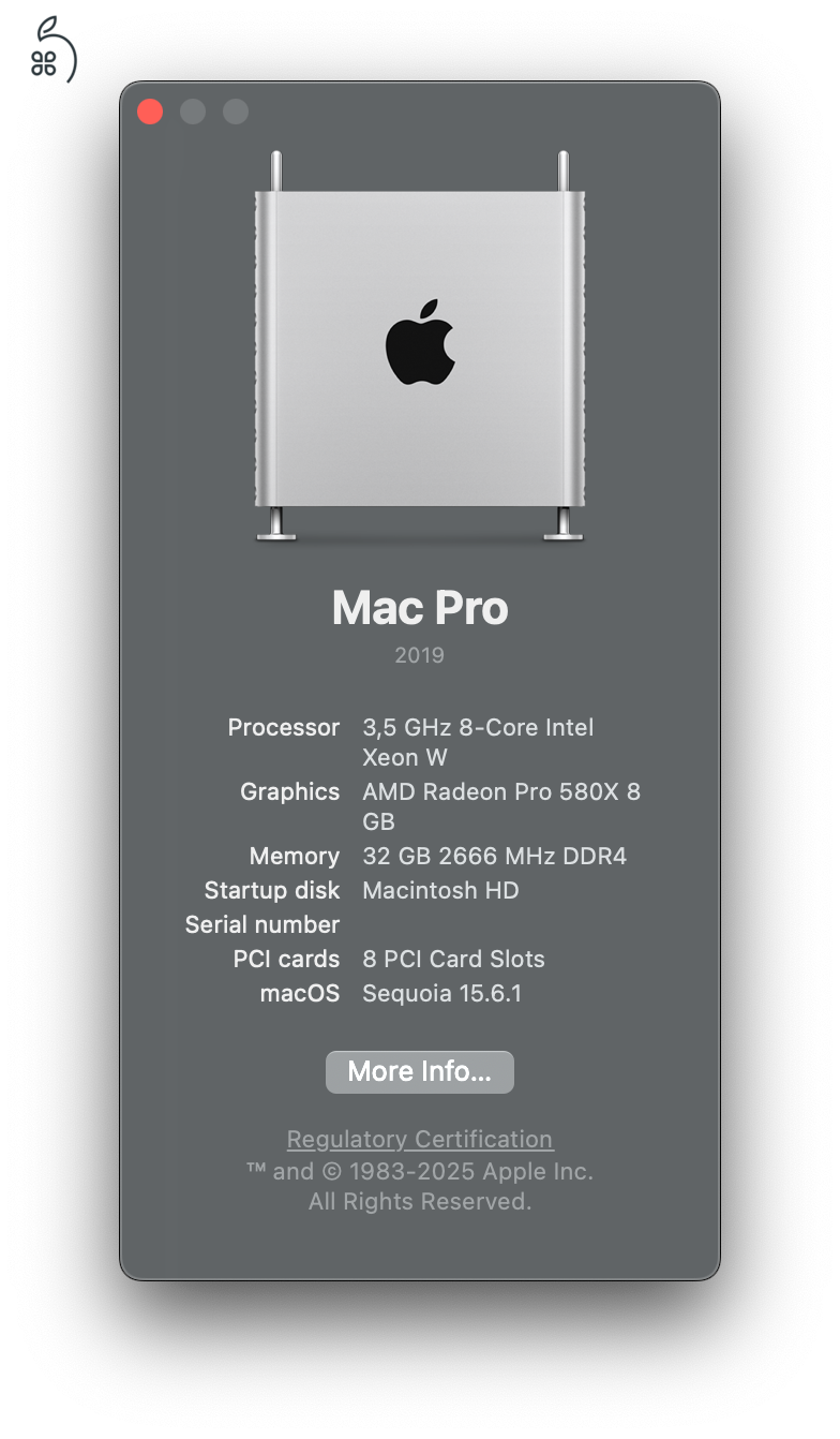Mac Pro 2019 / 3,5 GHz 8Core / 32GB RAM / 1TB SSD / AMD 580X / AfterBurner