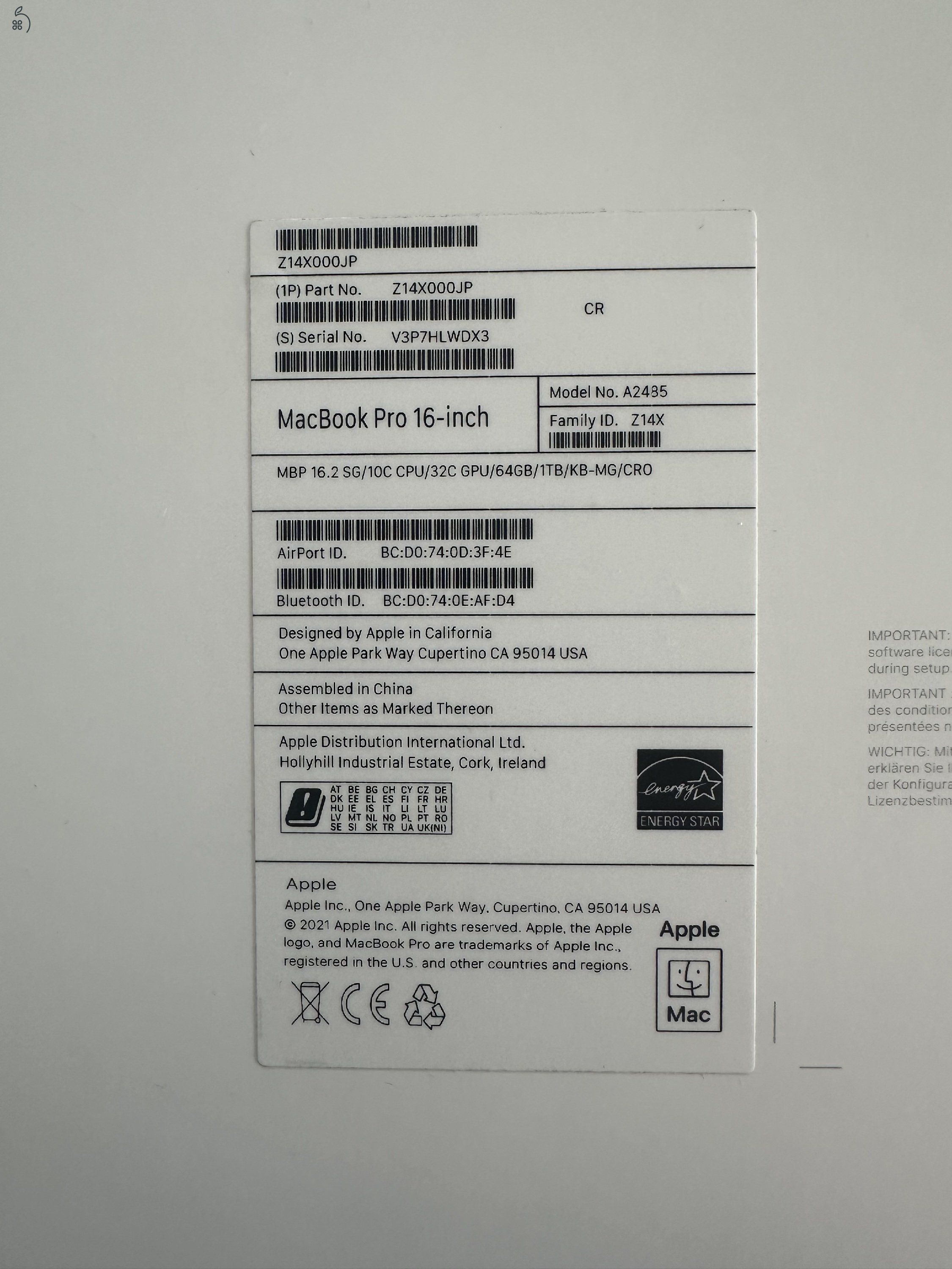 Apple Macbook Pro 16 - M1 MAX 10/32 64GB RAM 1TB SSD Asztroszürke
