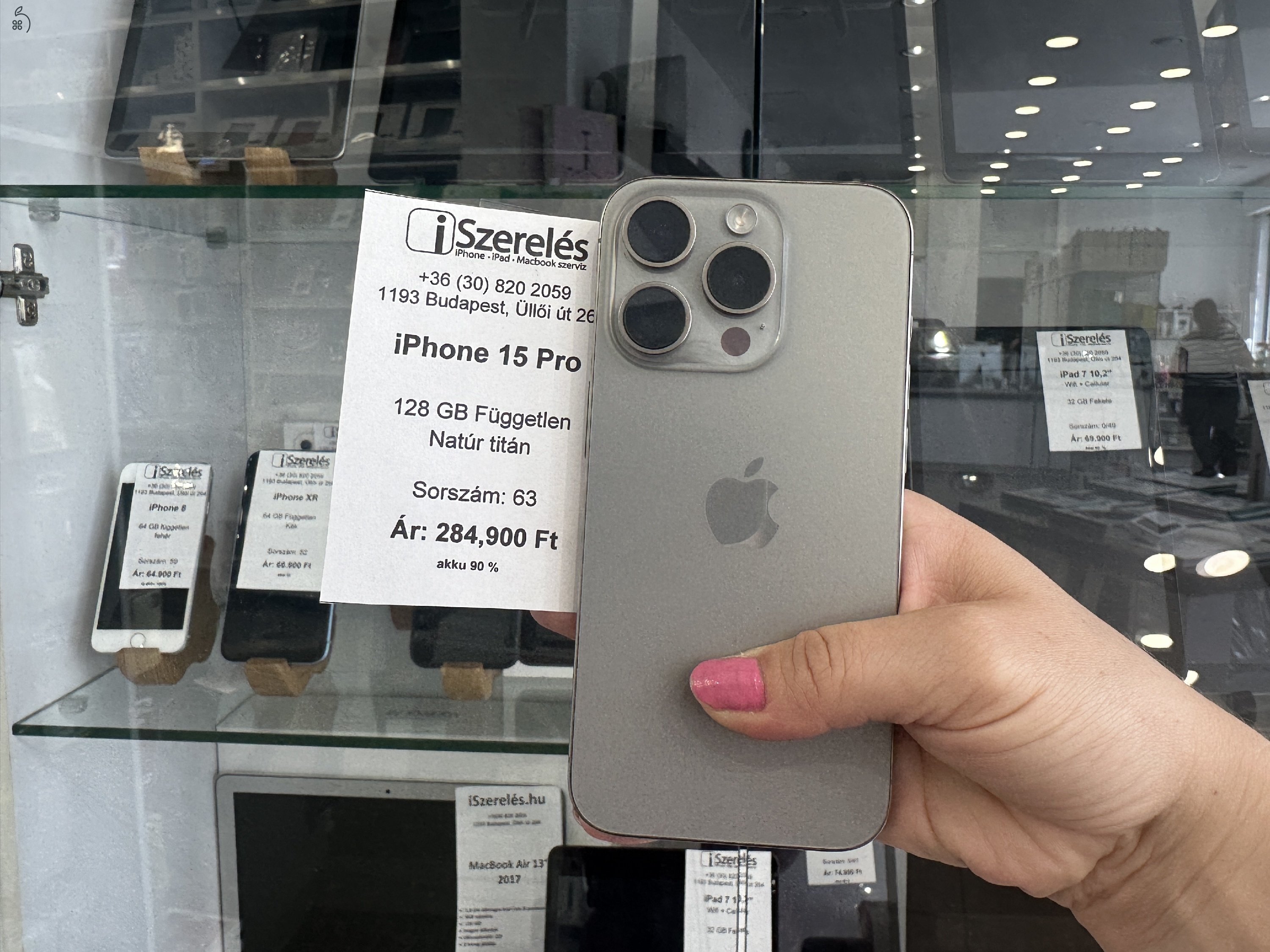 iPhone 15 pro 128GB független natúr titán akku 90% garanciával (63) iSzerelés.hu