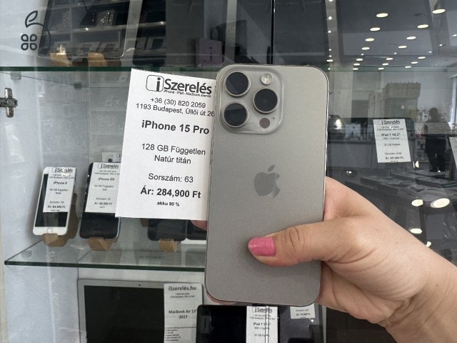iPhone 15 pro 128GB független natúr titán akku 90% garanciával (63) iSzerelés.hu