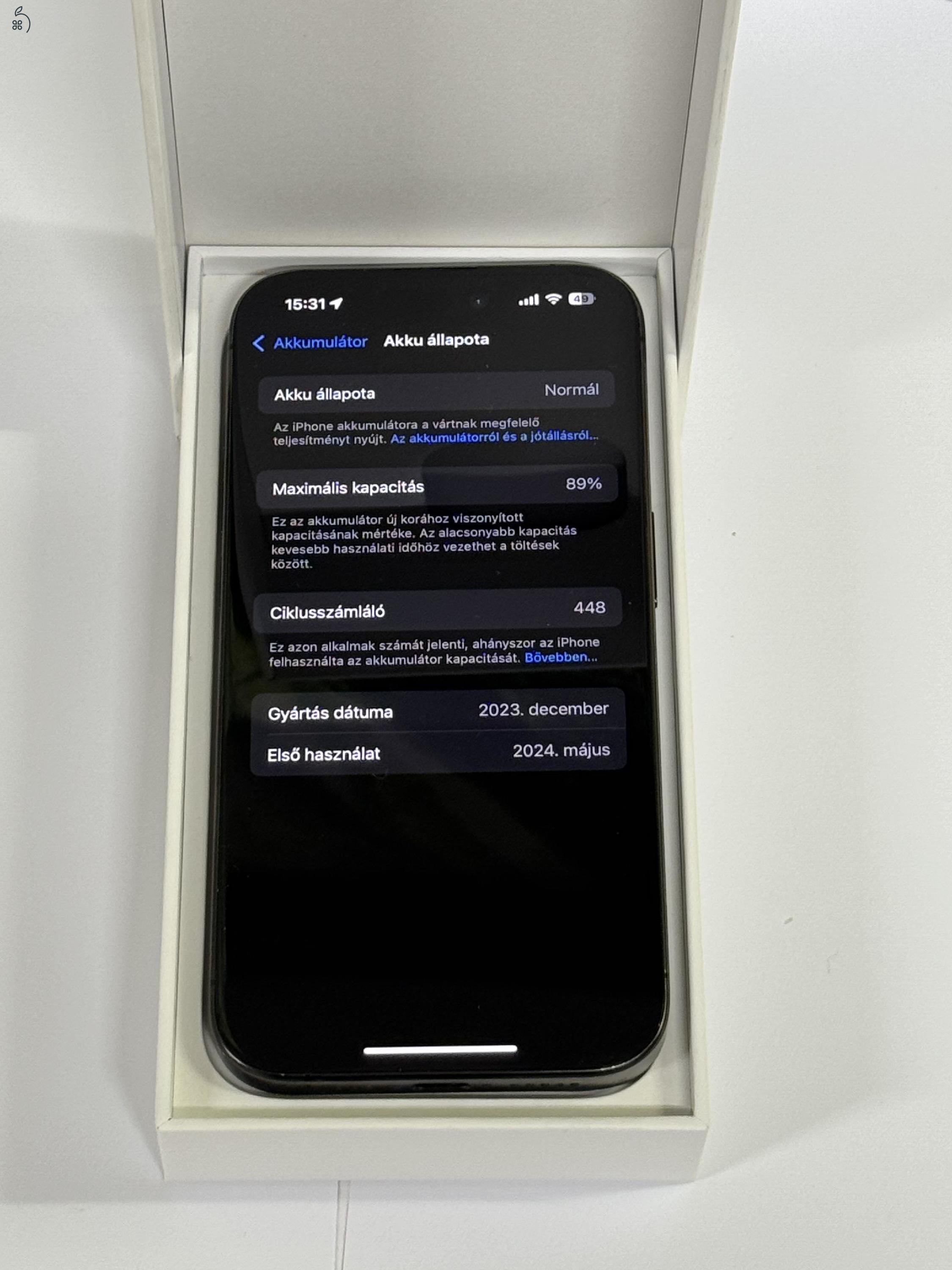 iPhone 15 Pro Black Titanium 128GB 2 ÉV Garanciával Számlával 89% Akksi 