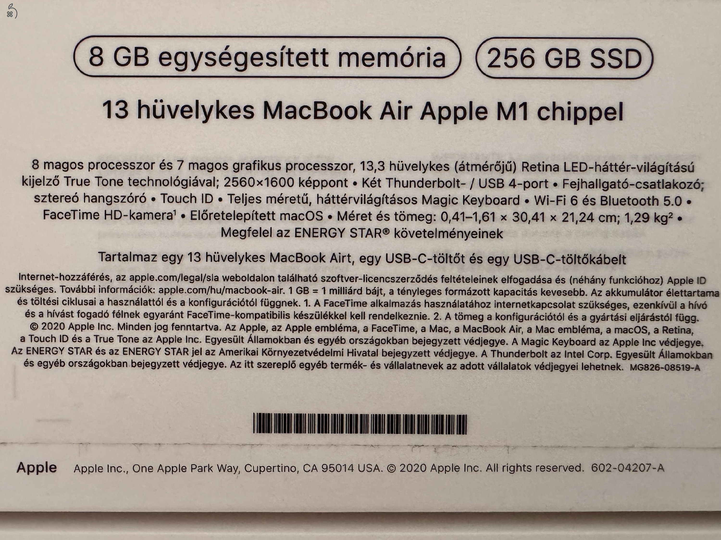 Eladó Apple MacBook Air 13” (2020, M1, 8GB/256GB) – újszerű állapotban