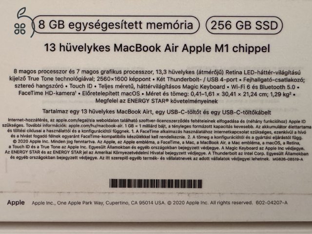 Eladó Apple MacBook Air 13” (2020, M1, 8GB/256GB) – újszerű állapotban