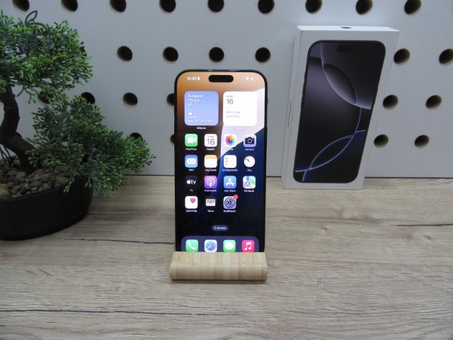 Apple iPhone 16 Pro Max – Black Titanium – Titán dizájn, 6,9” ProMotion, 5× optikai zoom – 256 GB – Használt, karcmentes – 100% akku (115 ciklus) – Garancia 2026. 03. 04-ig