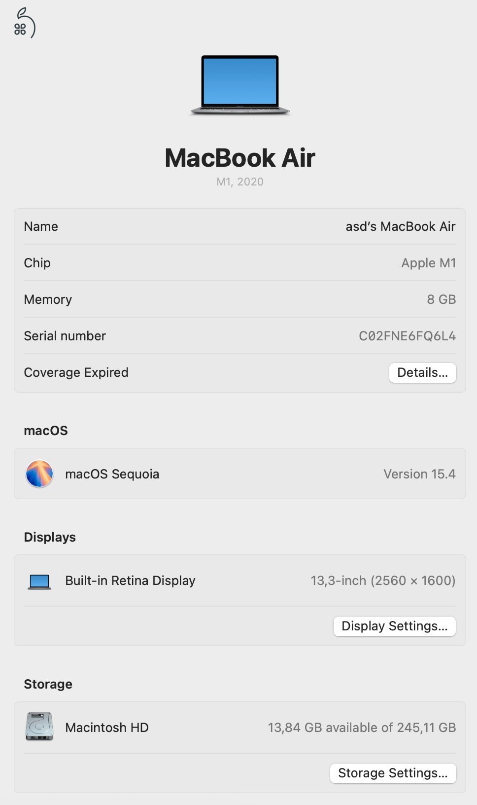 Macbook Air (2020 M1) - 265GB / 8GB RAM - szürke