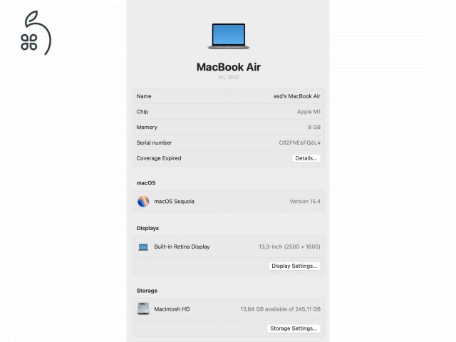 Macbook Air (2020 M1) - 265GB / 8GB RAM - szürke