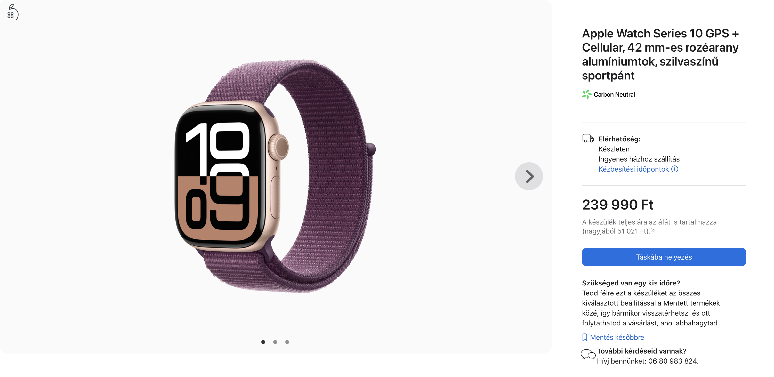 Apple Watch Series 10 GPS + Cellular 42 mm-es, ROSE alumíniumtokos, szilvaszürke sportpántos ,uj, aktiválatlan,garanciás!
