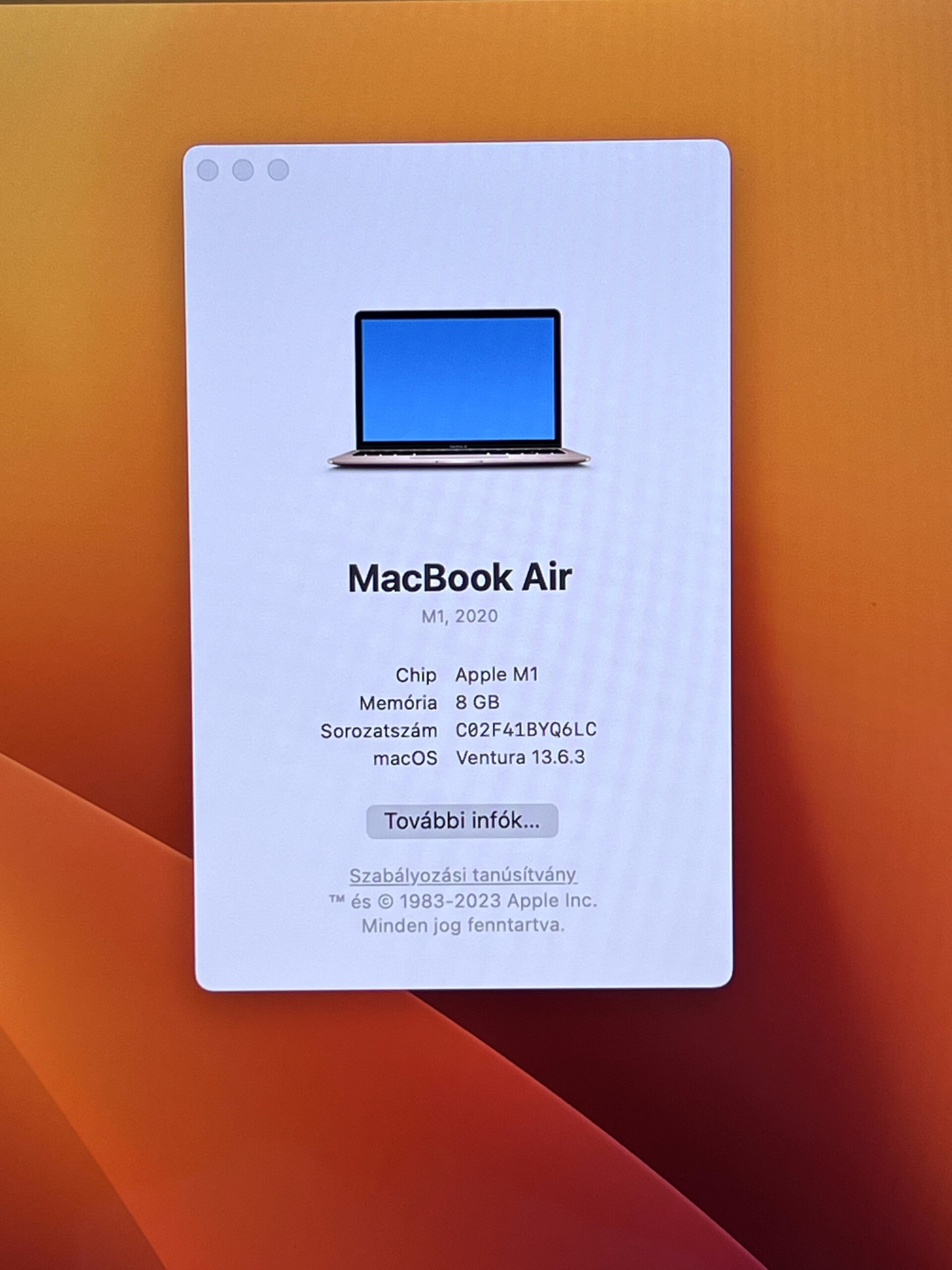 Hibátlan MacBook Air 2020 13″Gold  M1 8GB 256GB 2 ÉV Garanciával Számlával