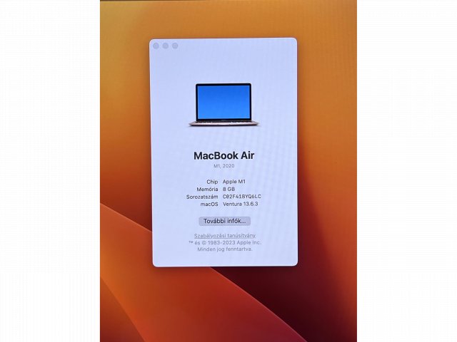 Hibátlan MacBook Air 2020 13″Gold  M1 8GB 256GB 2 ÉV Garanciával Számlával