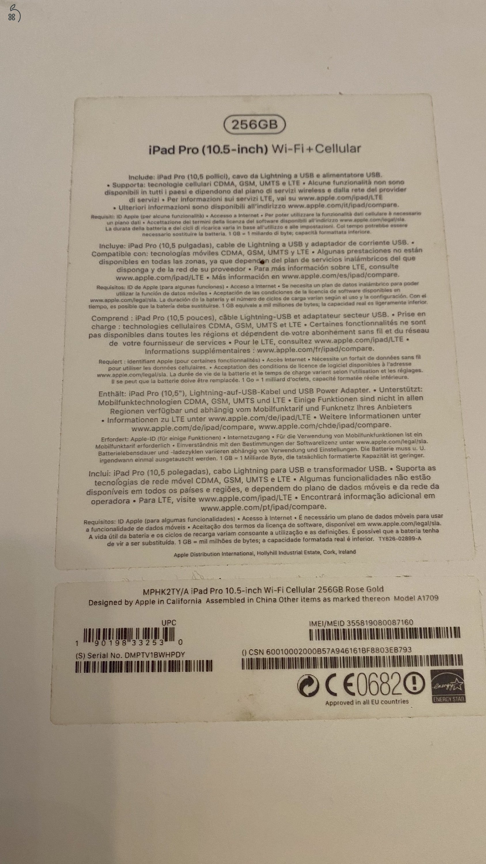iPad Pro 10.5'' Wi-Fi + Cellular, 256 Gb, rózsaszín + doboz, töltő, USB kábel
