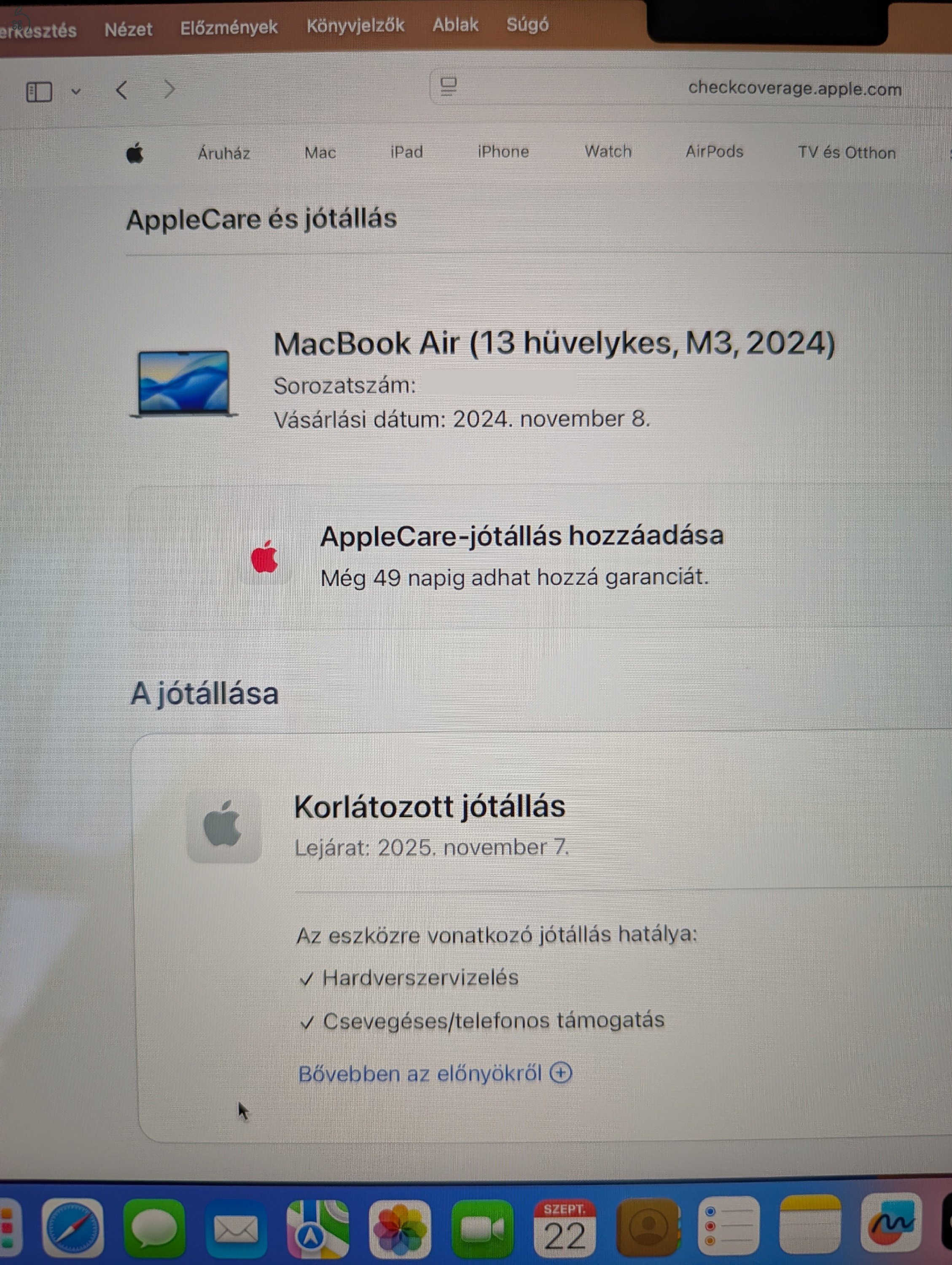 MacBook Air M3 garancia, magyar, minden tartozék