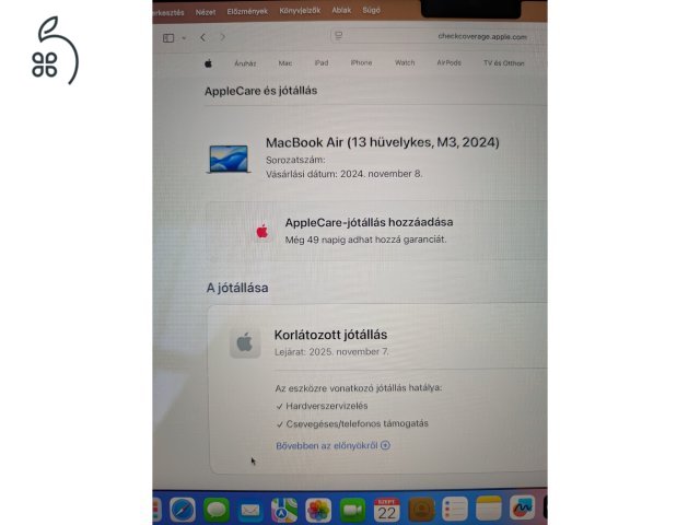 MacBook Air M3 garancia, magyar, minden tartozék