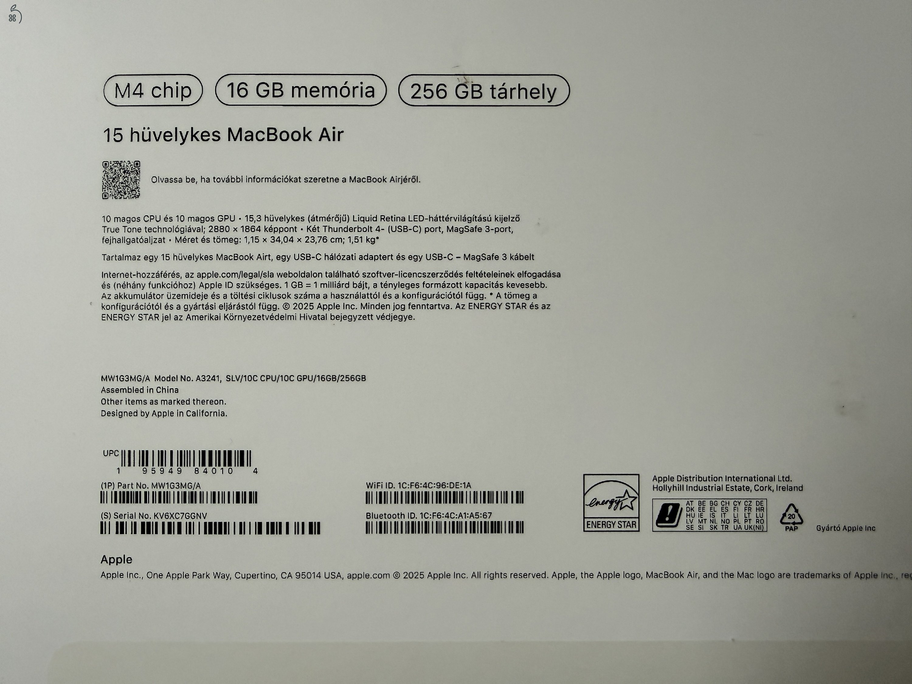 Apple MacBook Air 15, M4 / 16mag/ 10 CPU / 10 GPU / 256GB SSD, pár hónapos, AppleCare+ 2026.06.26-ig