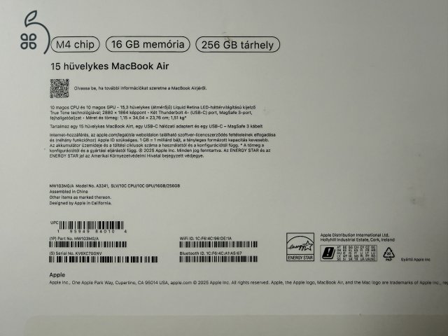 Apple MacBook Air 15, M4 / 16mag/ 10 CPU / 10 GPU / 256GB SSD, pár hónapos, AppleCare+ 2026.06.26-ig