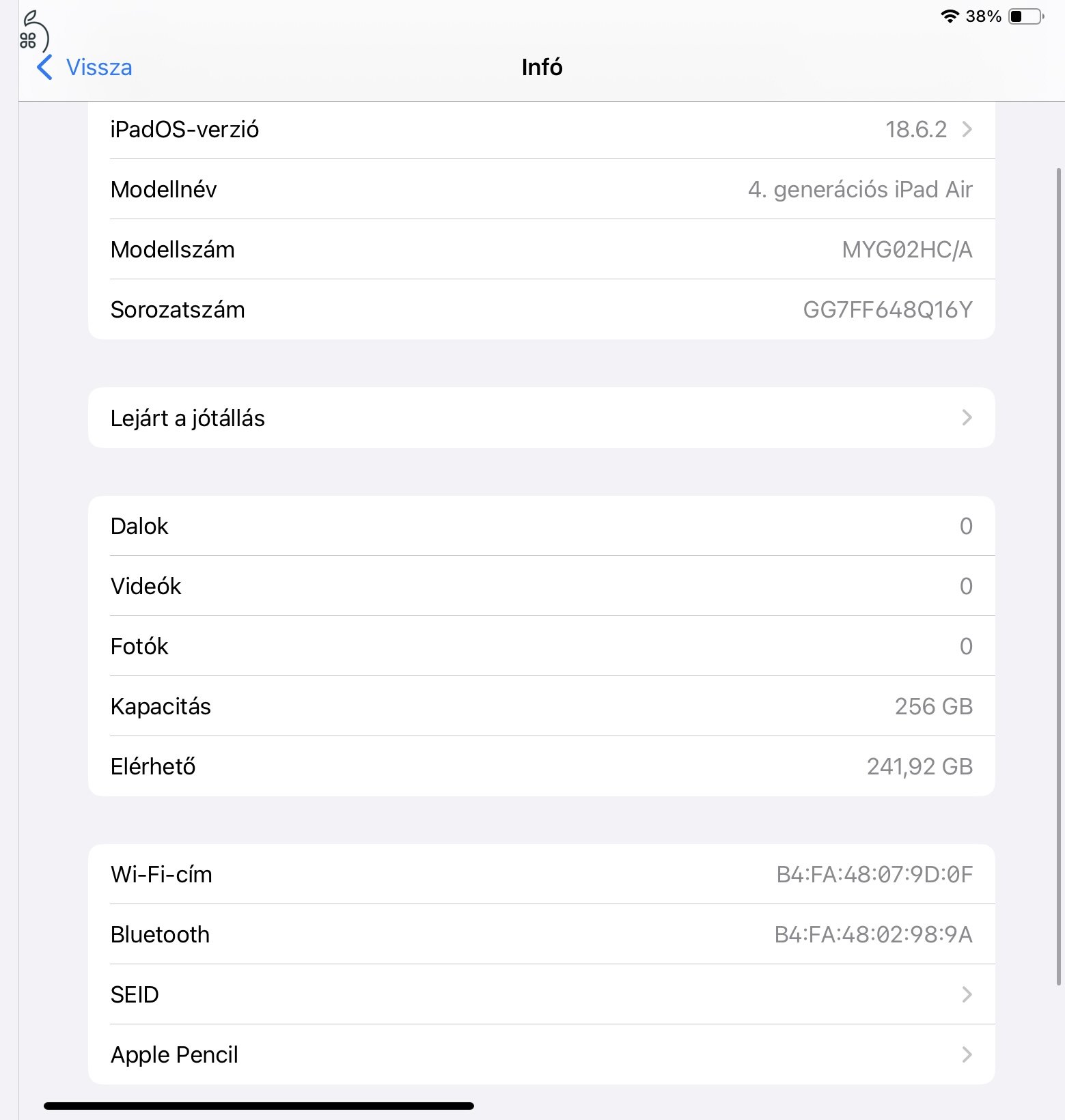 Ipad air 4.gen, wifi, 256GB, hibátlan állapotban eladó!