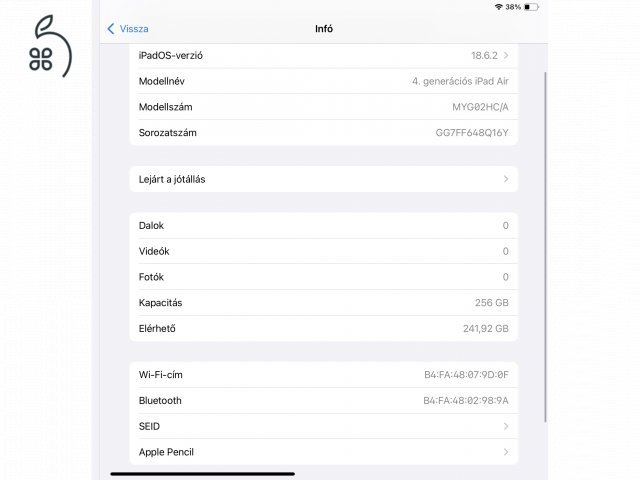 Ipad air 4.gen, wifi, 256GB, hibátlan állapotban eladó!
